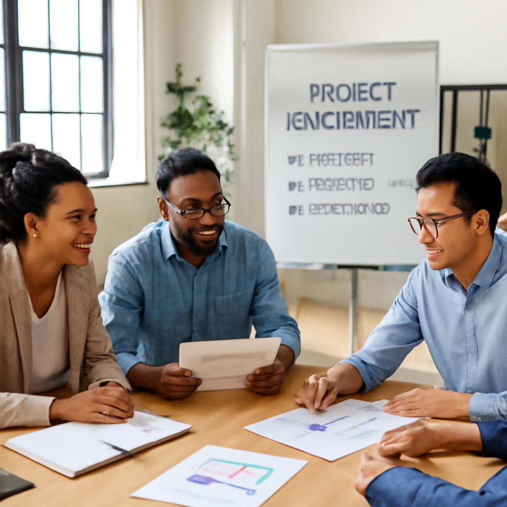 Diverse group of professionals studying project management collaboratively, in a modern office space.