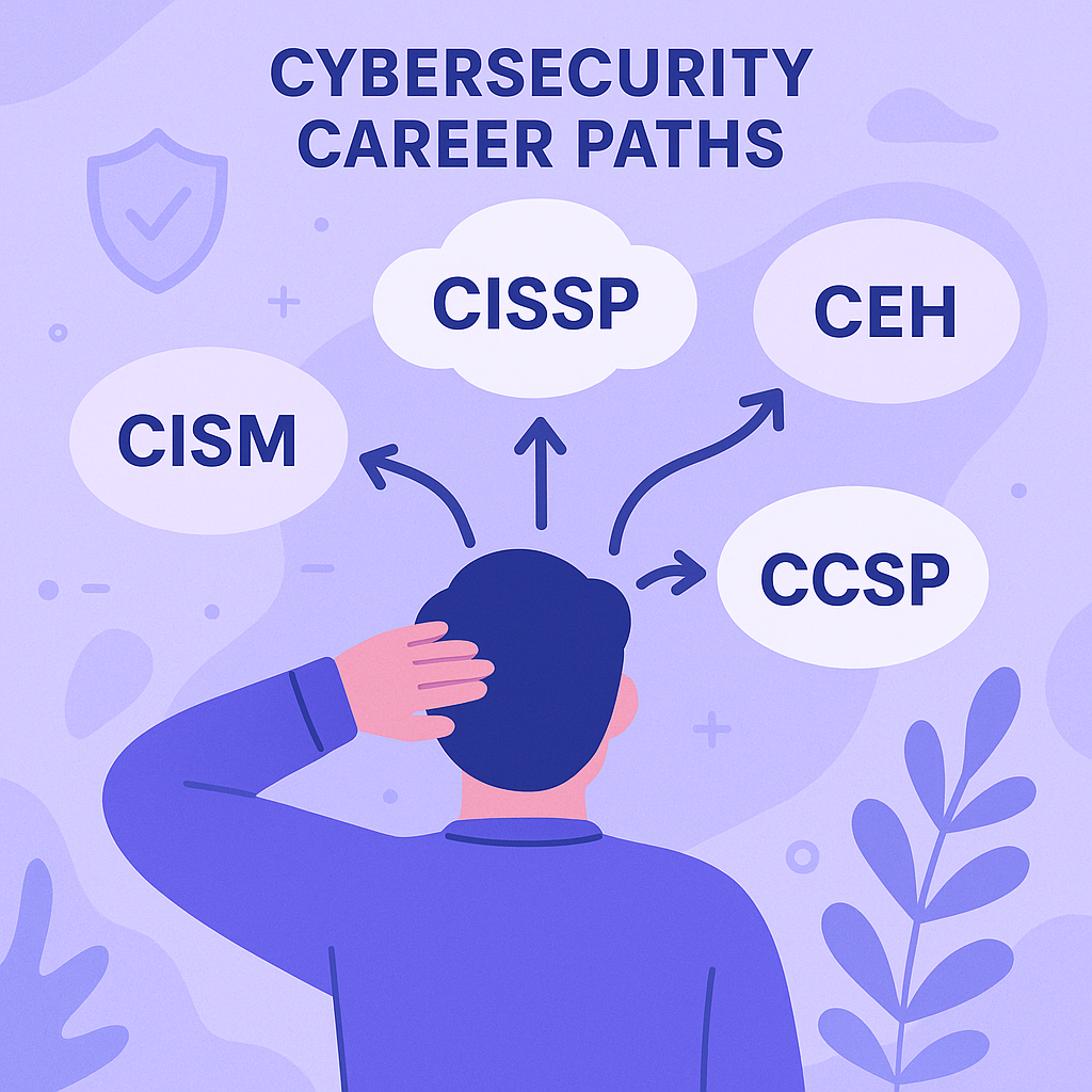A flat illustration of a job seeker contemplating different career paths in cybersecurity, showcasing various certifications.