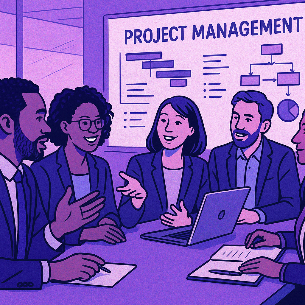 A diverse group of professionals discussing project management strategies in a meeting