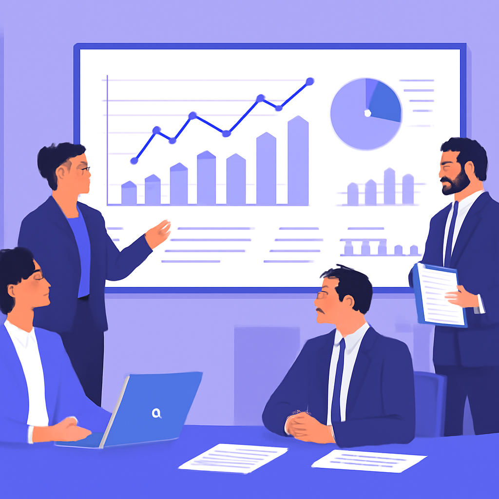 A professional setting with people analyzing financial data
