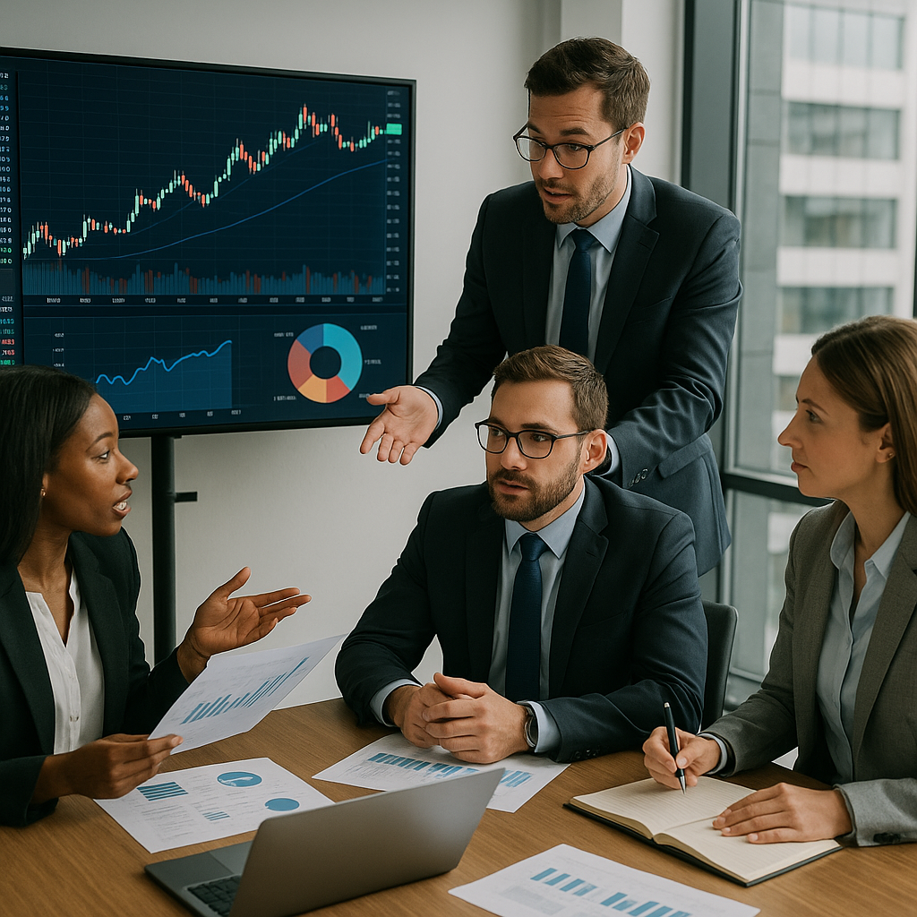 A group of financial analysts discussing investment strategies in a modern office