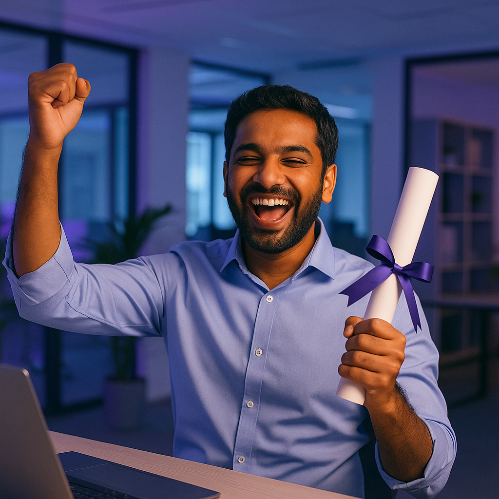 An Indian IT professional celebrating his certification