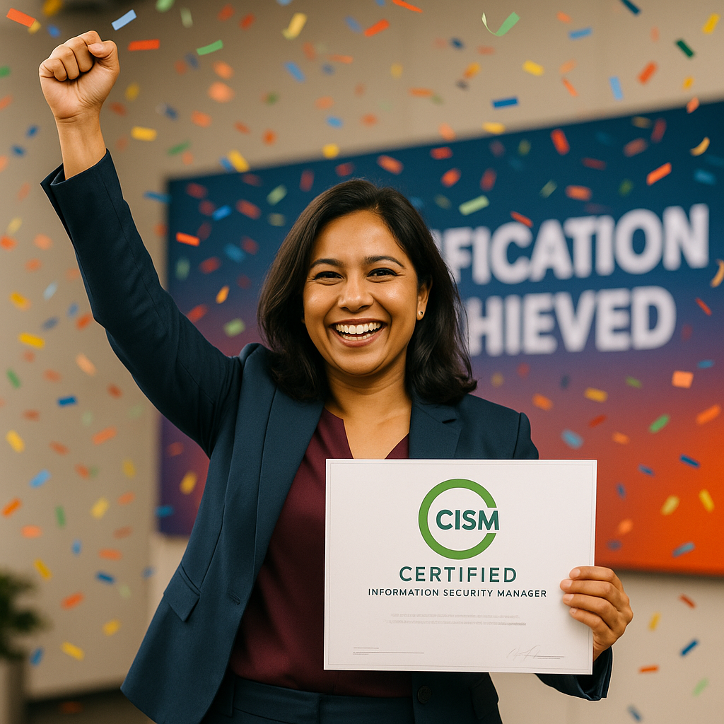 photo-realistic editorial of a CISM certification achievement celebration, vibrant colors